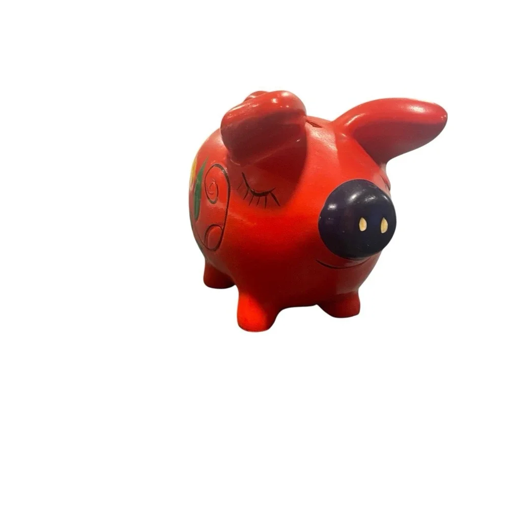 Folk Art Handpainted Piggy Bank Red/Yellow Flowers Tail Handle Ceramic Retro